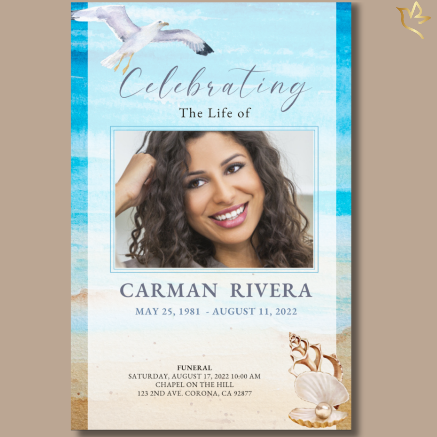 Front cover of Sea and Sand Beach Theme Funeral Program Template featuring ocean watercolor design and seashell details.