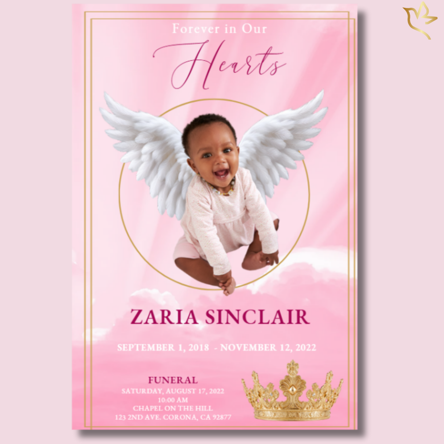 Heaven’s Angel Princess — Child funeral program front cover featuring soft pink clouds, gold framing, white angel wings, crowned motif, and a joyful baby girl in a pink outfit.