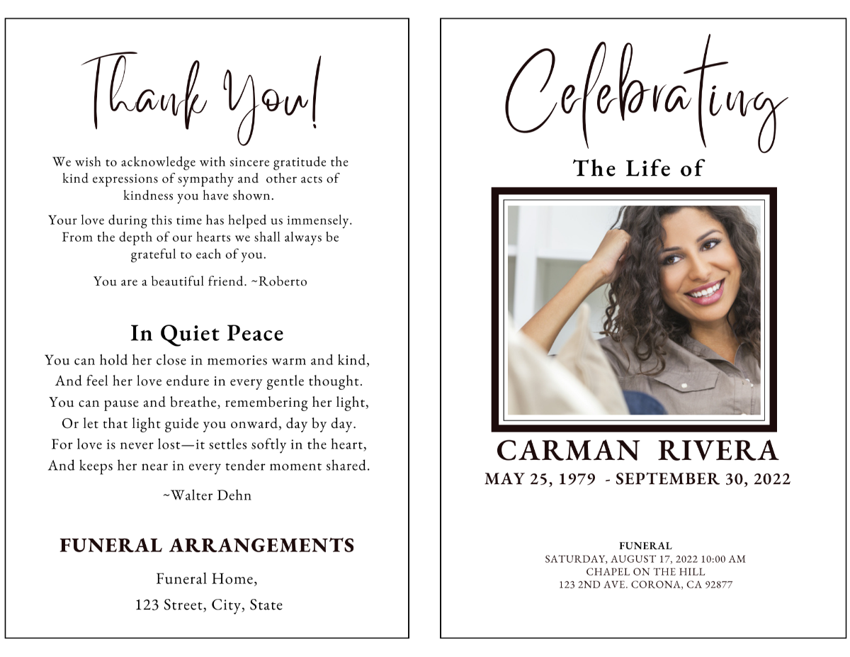 Open funeral program showing the thank-you message beside the front cover photo layout, designed in clean modern style.