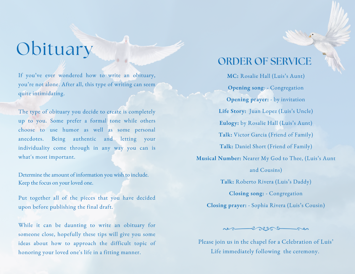 Inside pages with obituary and order of service framed by peaceful dove imagery.