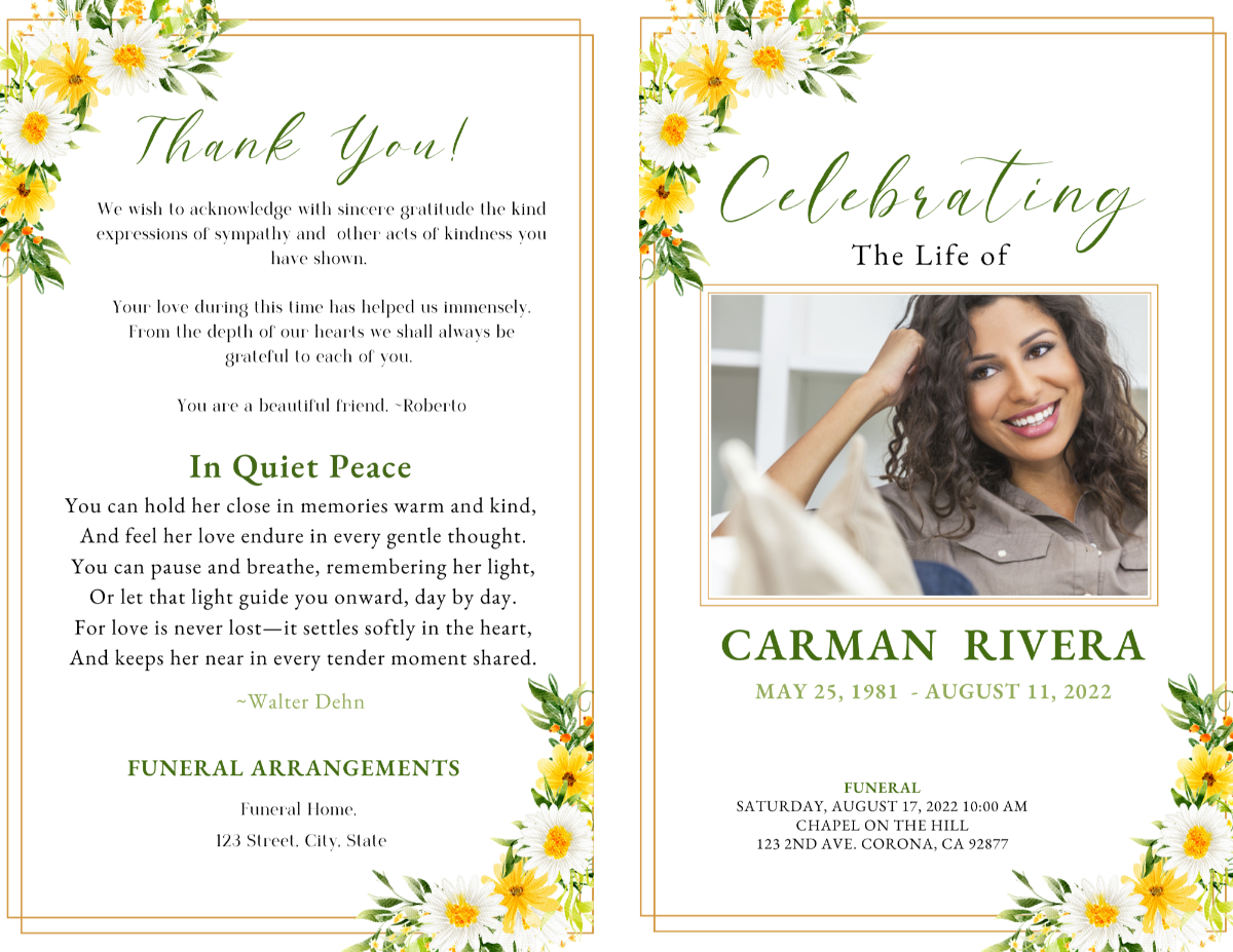 Front and back cover view showing thank-you message beside main memorial cover framed in cheerful yellow daisies.