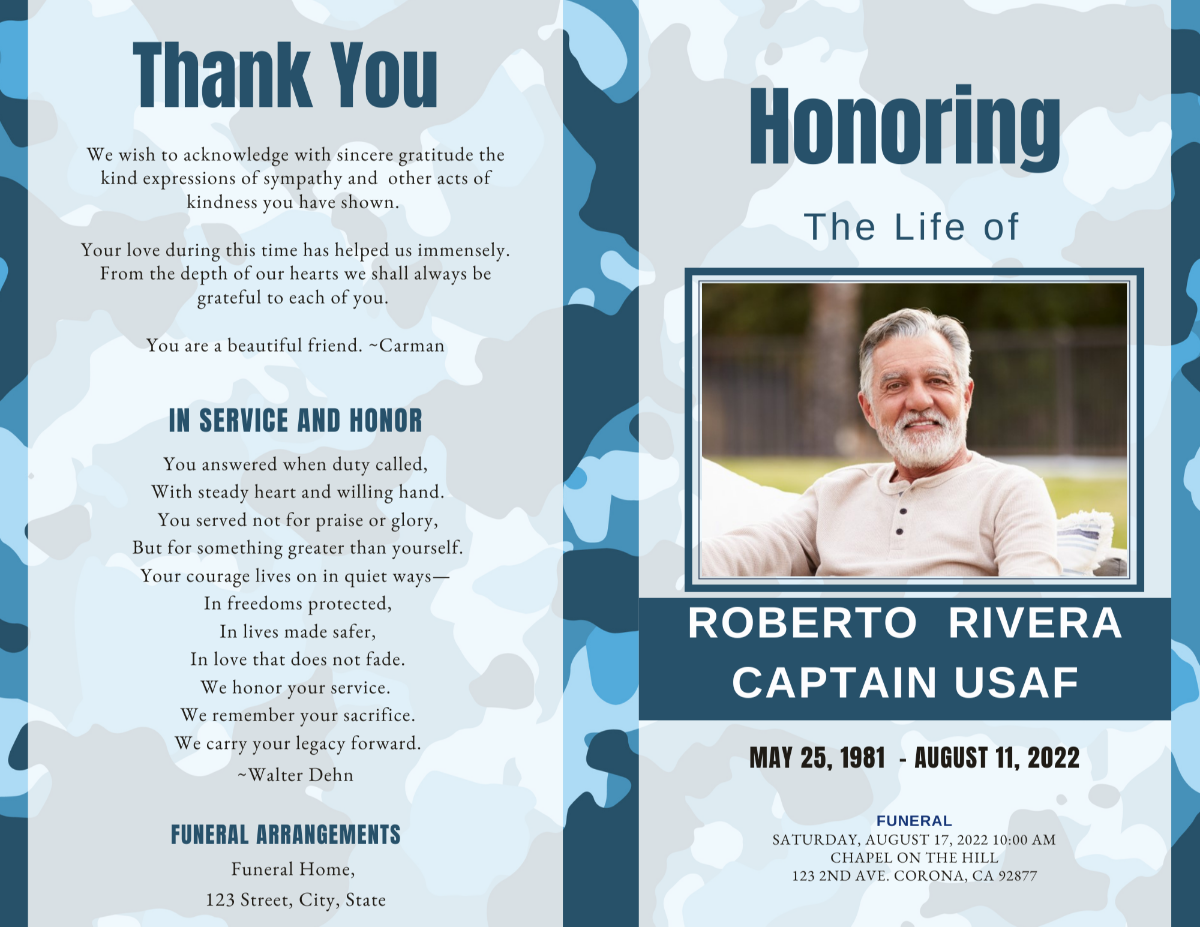 Open funeral program showing the Thank You message on one side and a framed photo of the Air Force veteran on the opposite side with blue camo borders.