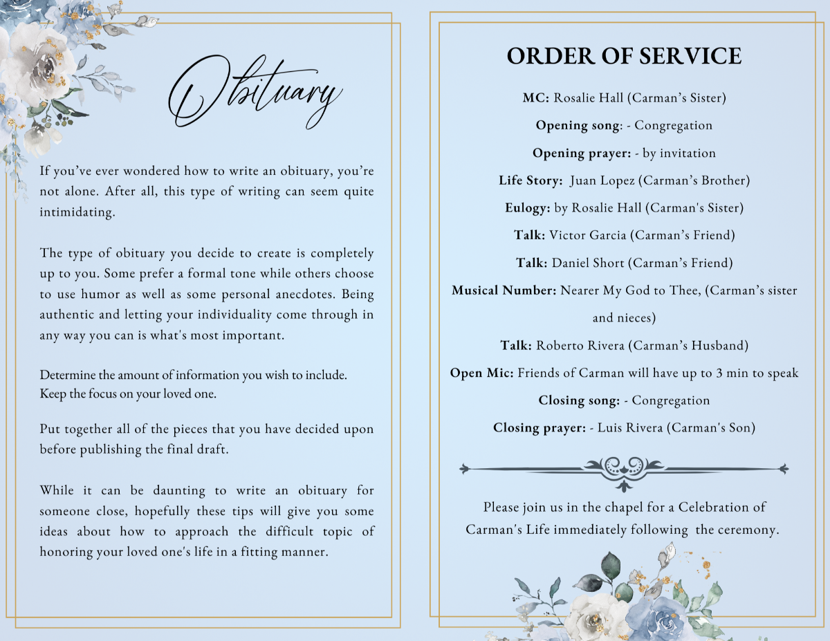 Poem page titled “When You Remember” with blue florals at the top and bottom, paired with a Loving Tributes page showing three portrait photos and scripted headings.