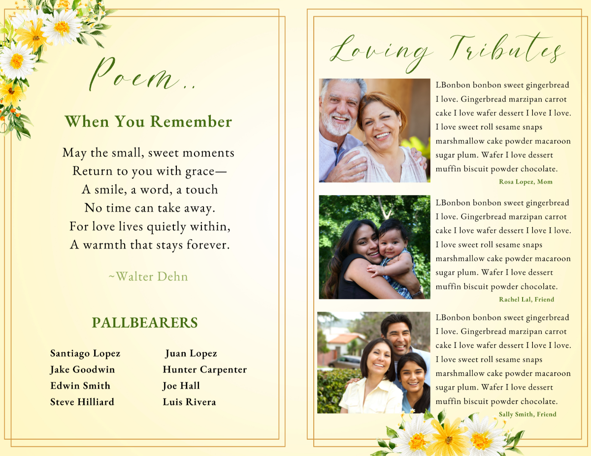 Interior pages featuring a centered memorial poem, pallbearers list, and a matching floral theme on the left. The right page displays three tribute photos with written memories beside each image.