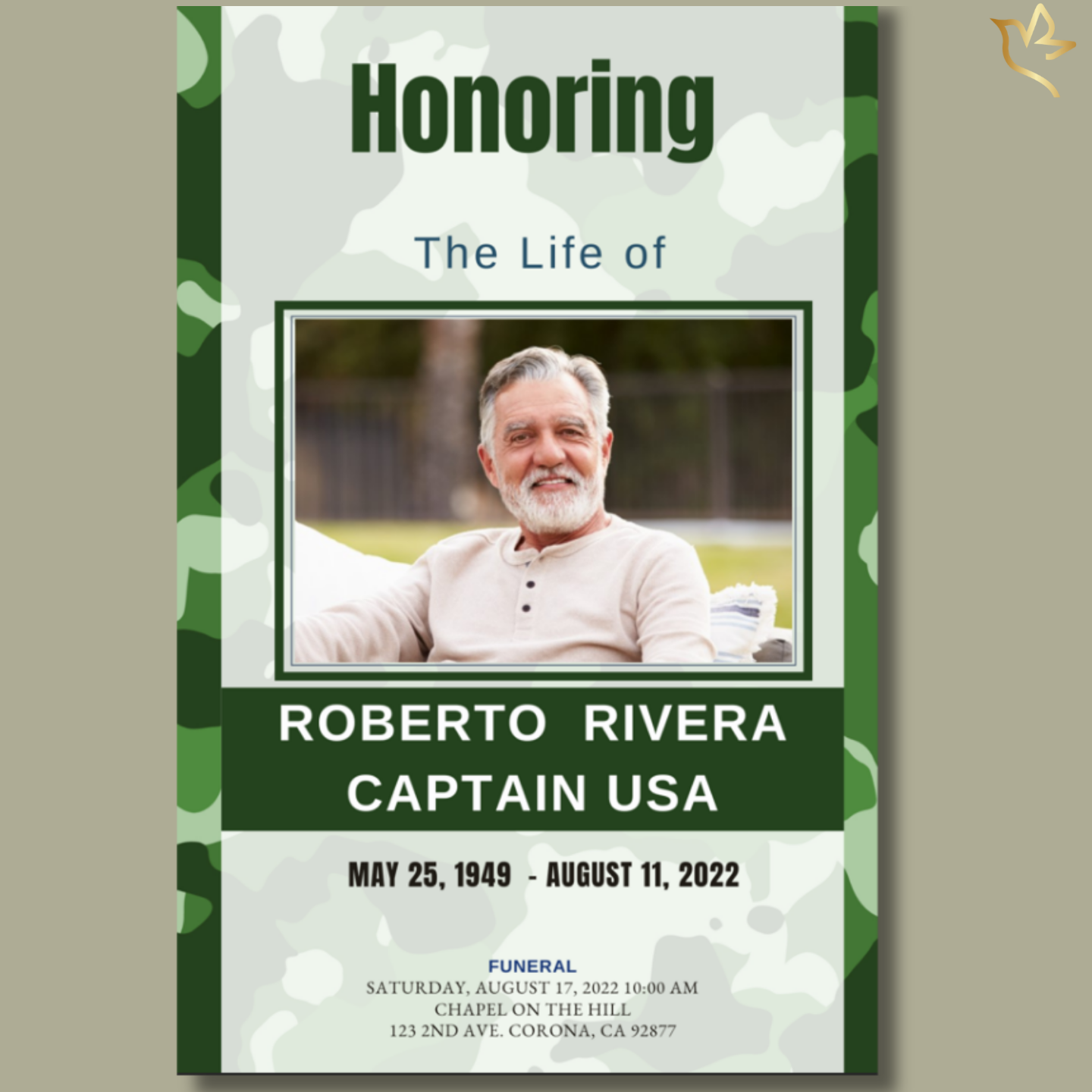 Front cover of Honored Veteran USA Funeral Program Template featuring photo of smiling older man with camouflage border.