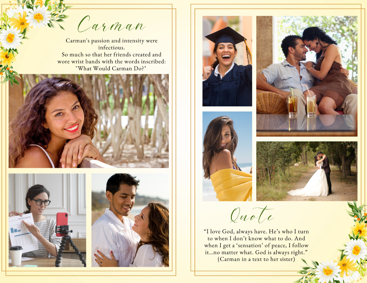 Photo collage spread featuring multiple images of the loved one—graduation, family moments, outdoor portraits, and wedding photo—beautifully arranged with yellow floral accents and a tender quote.