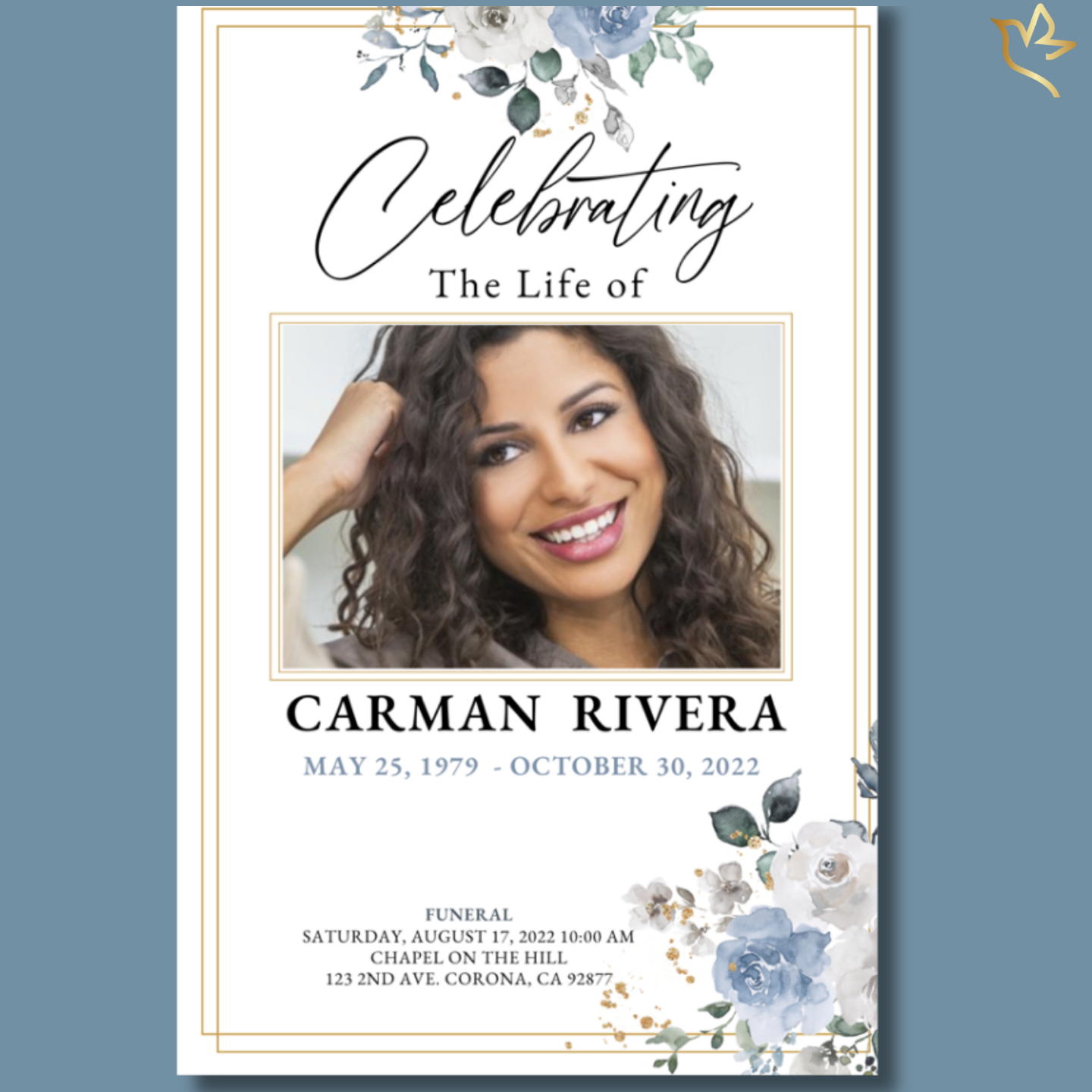 Front cover of Faith and Hope Funeral Program Template featuring smiling woman with blue watercolor florals and elegant gold frame.