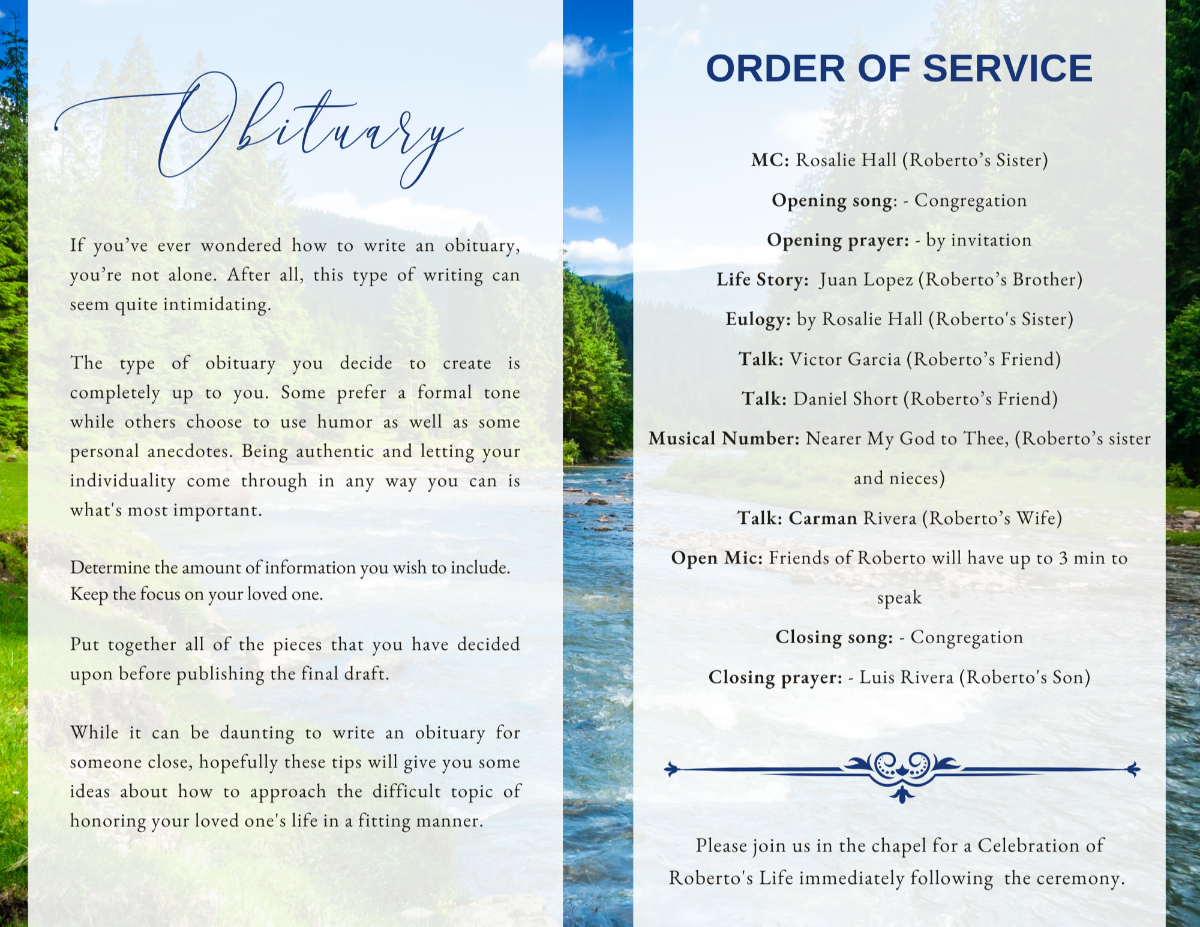 Obituary and Order of Service pages with soft water textures and fishing motifs