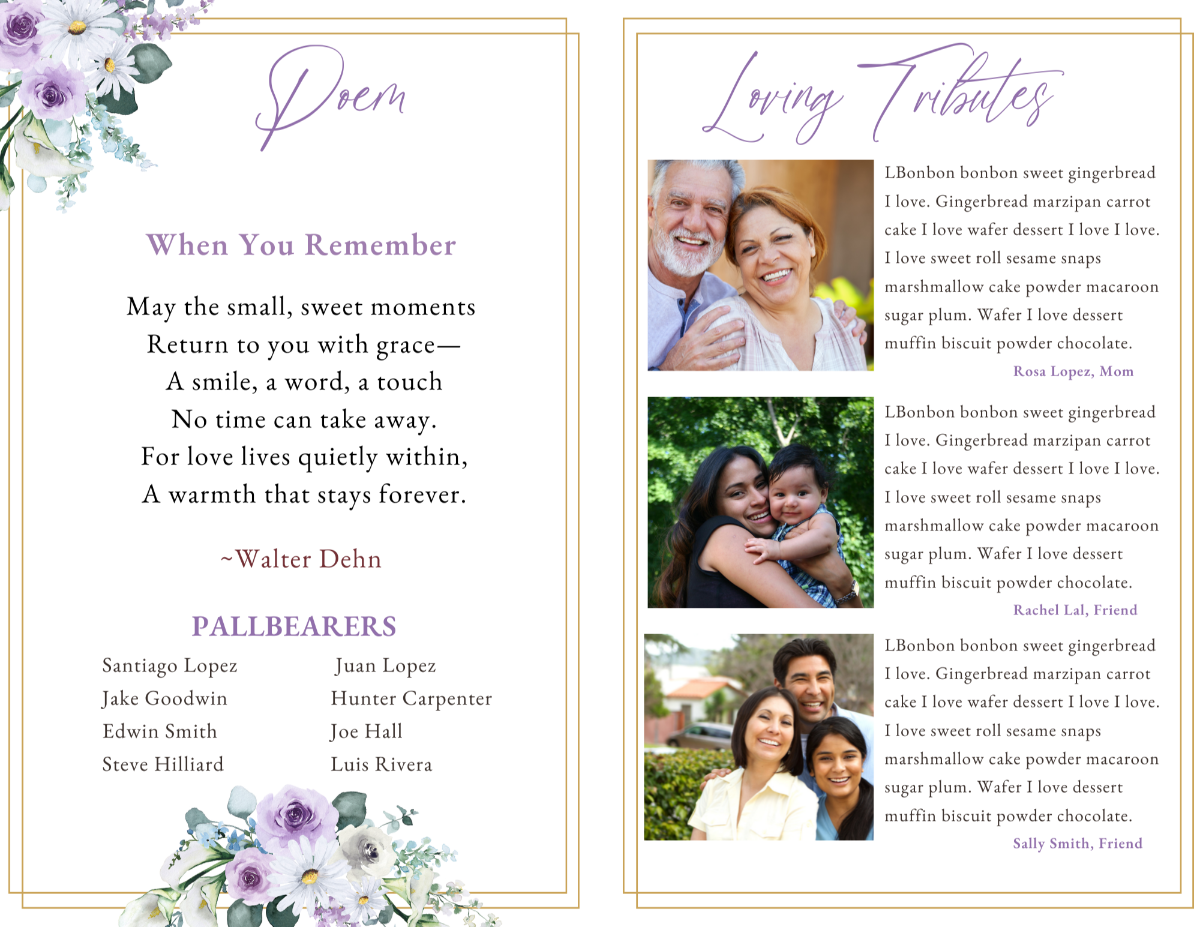 Poem and tribute layout with family photos and elegant lavender design.