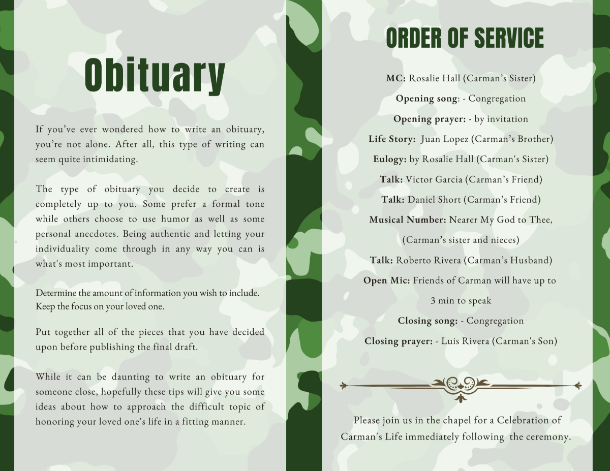 Interior pages featuring obituary and order of service framed by subtle camouflage pattern.