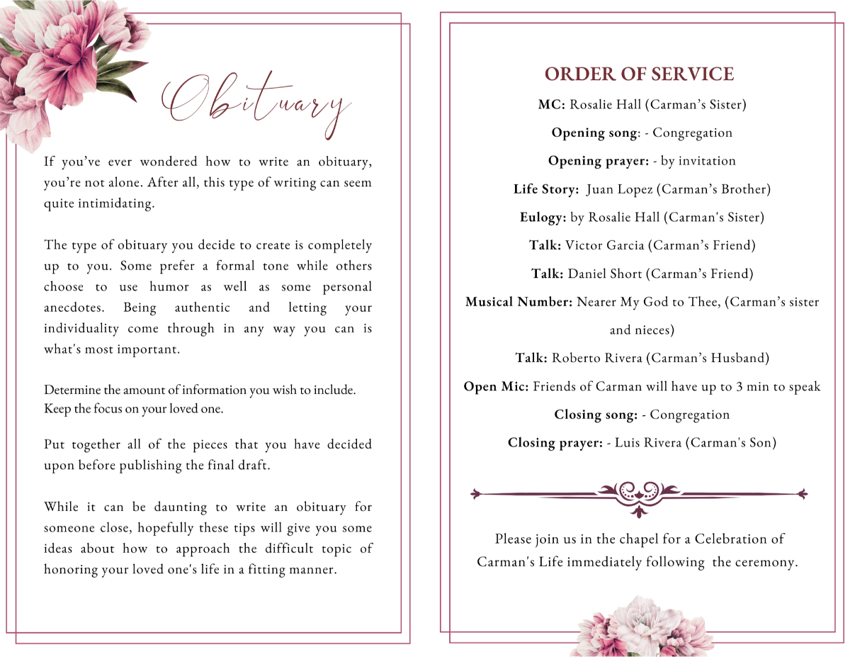 Interior pages displaying obituary text and an organized order of service layout surrounded by soft pink peony accents.