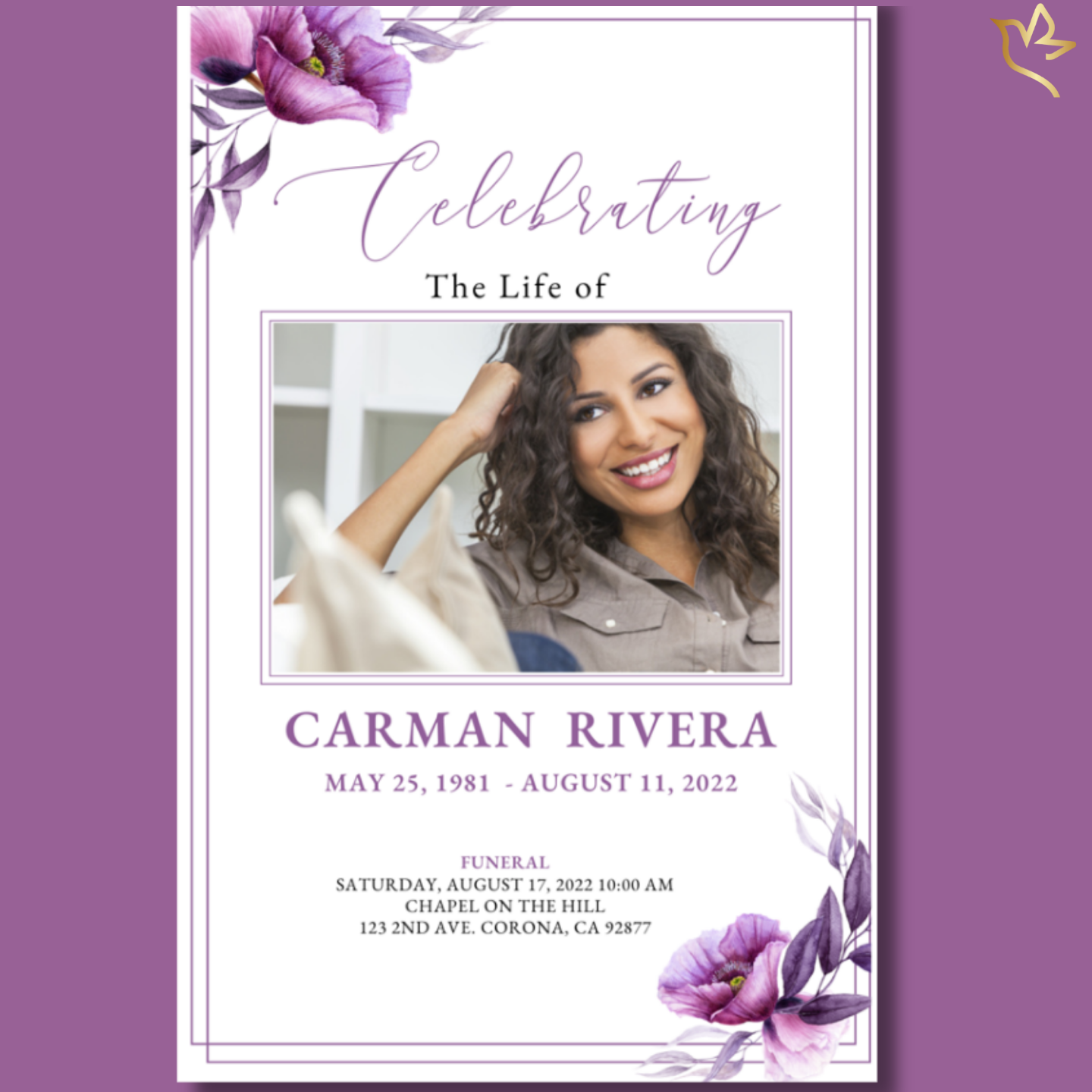 Front cover of Vibrant Violets-Purple Funeral Program Template featuring photo of smiling woman with soft purple floral border.
