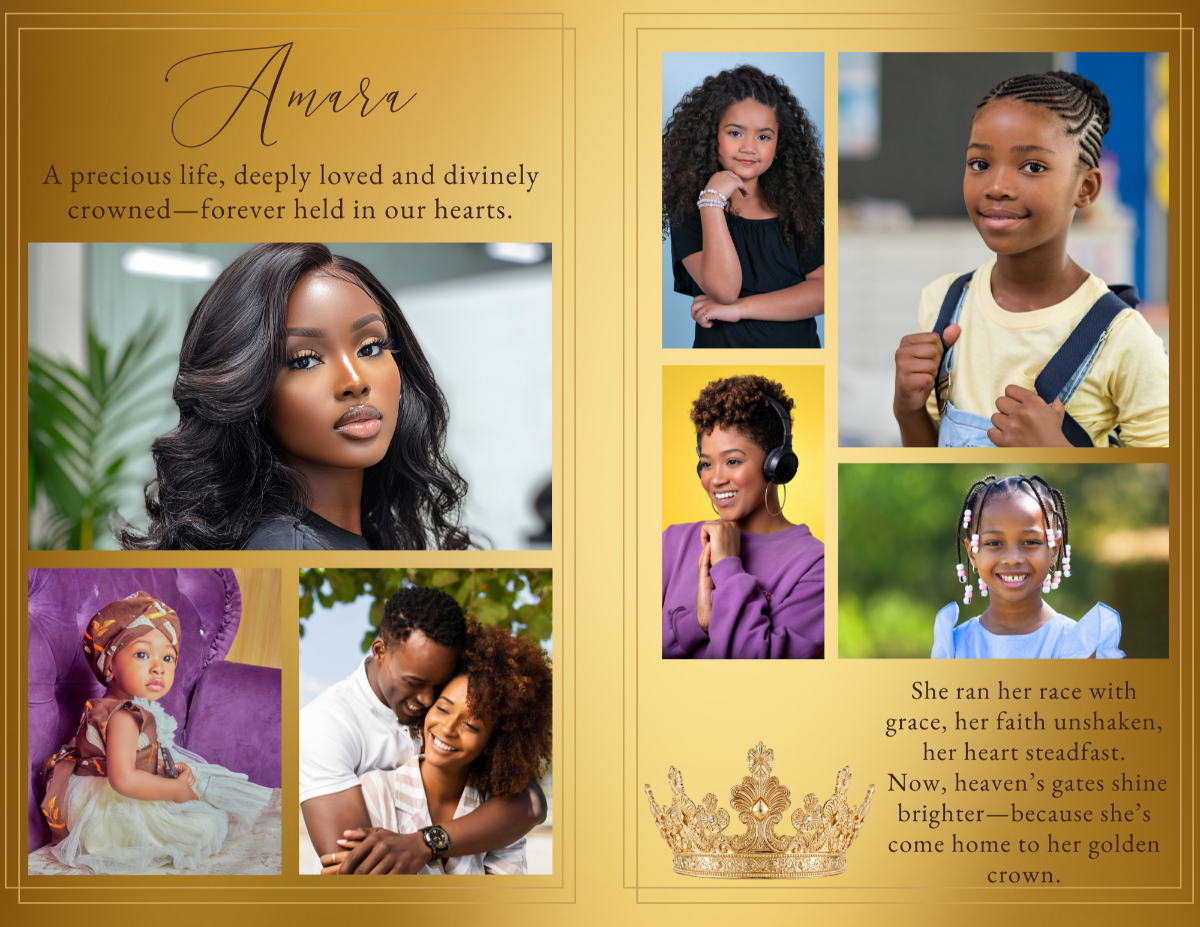 A two-page gold-tone layout with multiple family photos arranged beside a heartfelt tribute paragraph about Amara’s life, framed by gold borders and a small gold crown at the bottom.