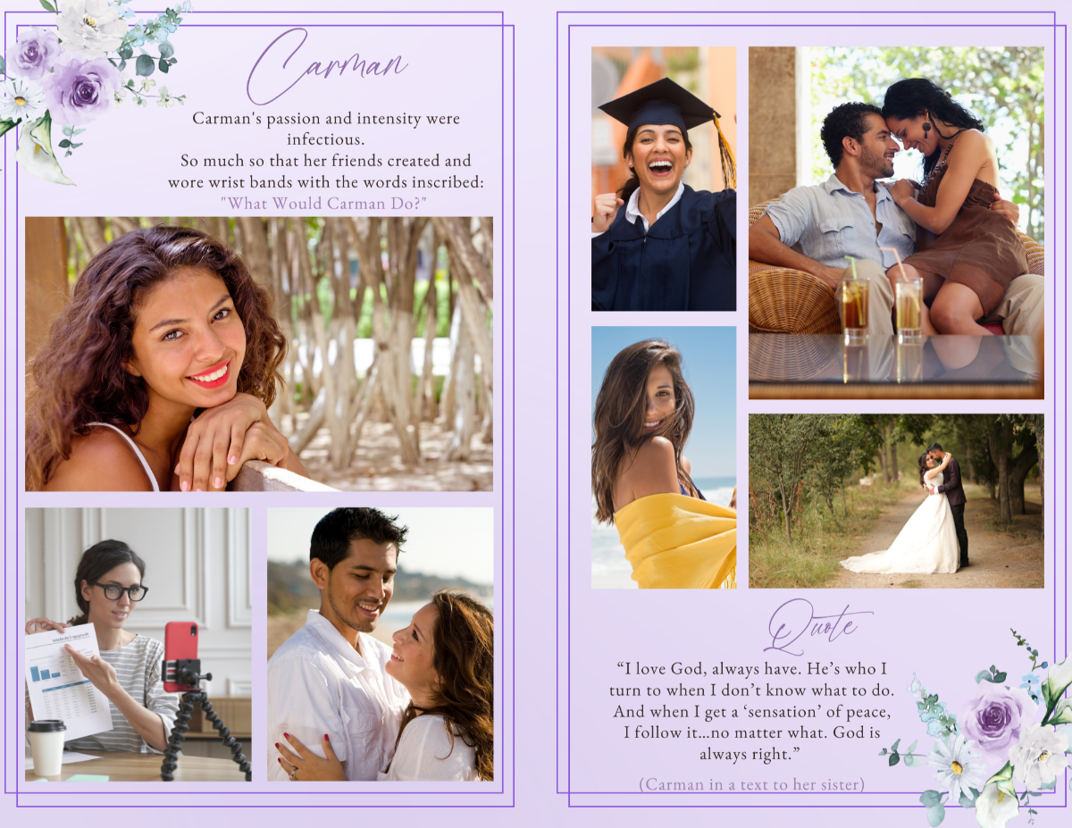 Celebration-of-life photo collage with multiple personal images, lavender borders, floral corners, and a centered quote expressing faith and love.