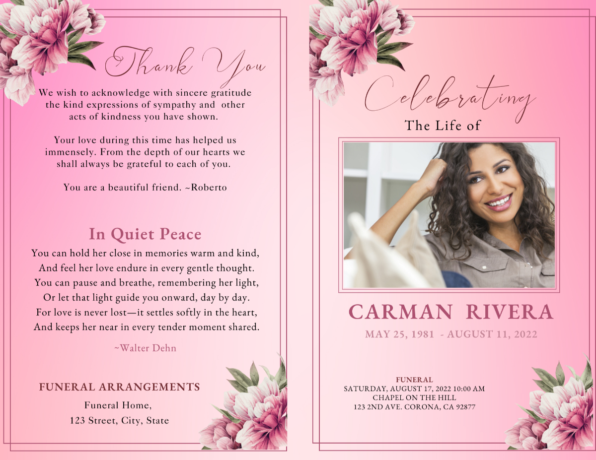 Two-page thank-you and front-cover spread featuring blush peonies, soft pink background, framed portrait, and a memorial poem.