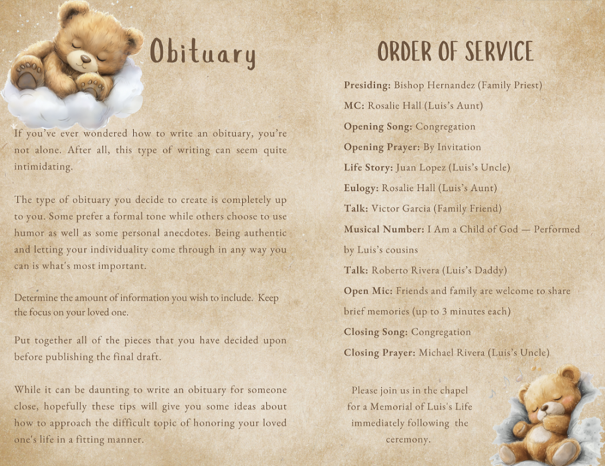 Obituary and order of service layout with headings, speaker list, musical number details, and sitting teddy artwork on a warm, softly-textured backdrop.