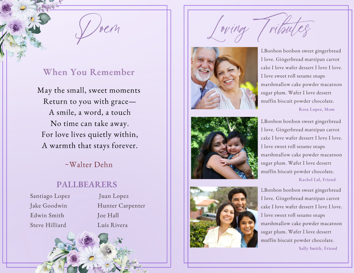 Poem and loving-tributes layout featuring a memorial poem on the left, floral embellishments, and three portrait photographs paired with written tributes on the right.
