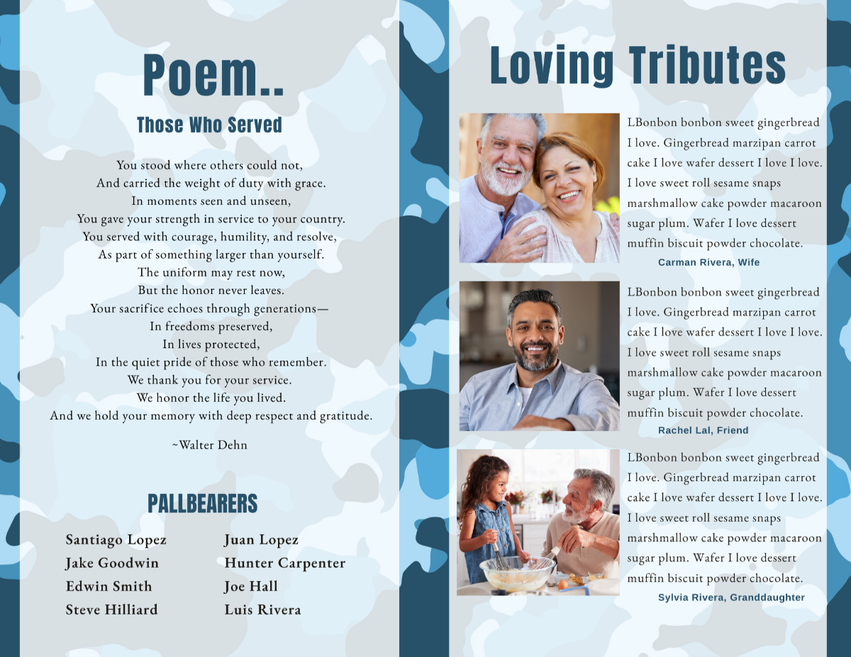 Poem and Loving Tributes pages featuring soft blue camo background, military font headers, and family tribute photos.