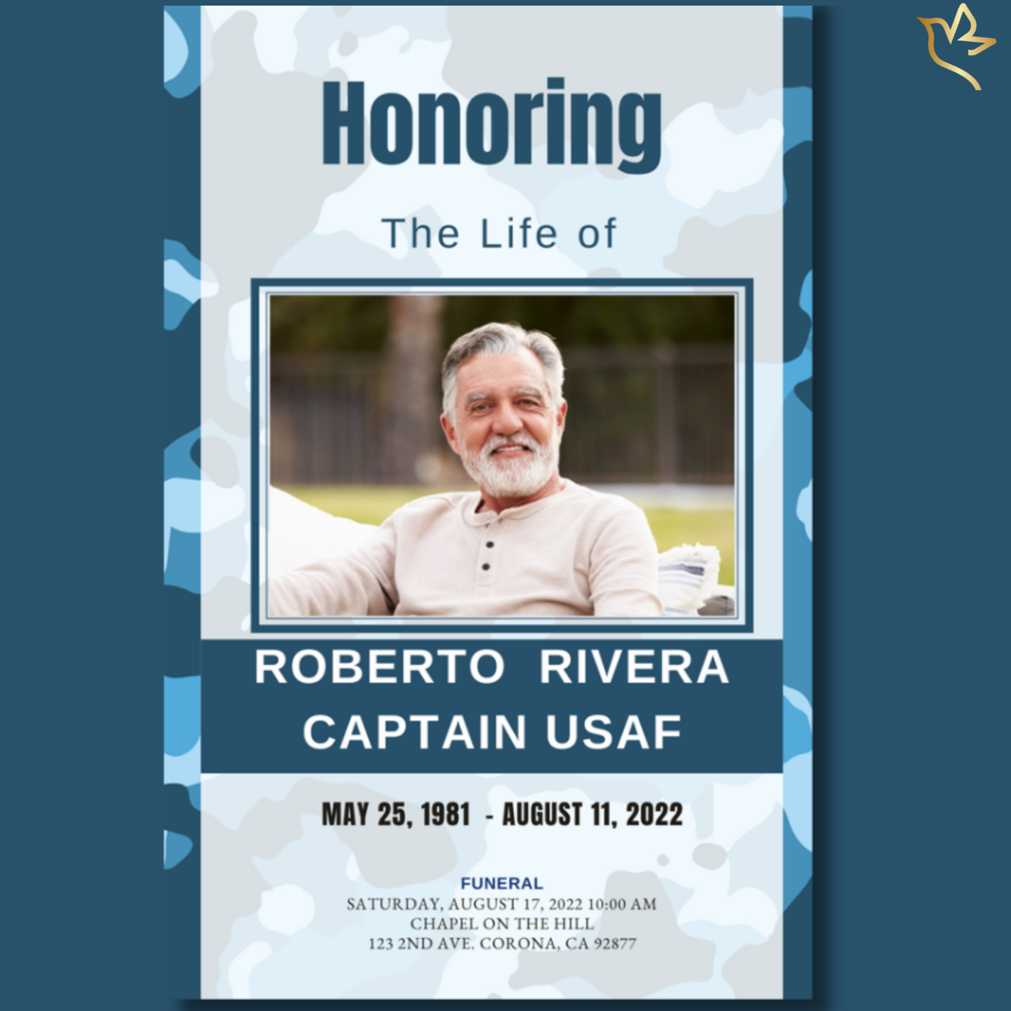 U.S. Air Force funeral program front cover with blue camouflage background, framed portrait of veteran, and “Honoring the Life Of” military-style typography.