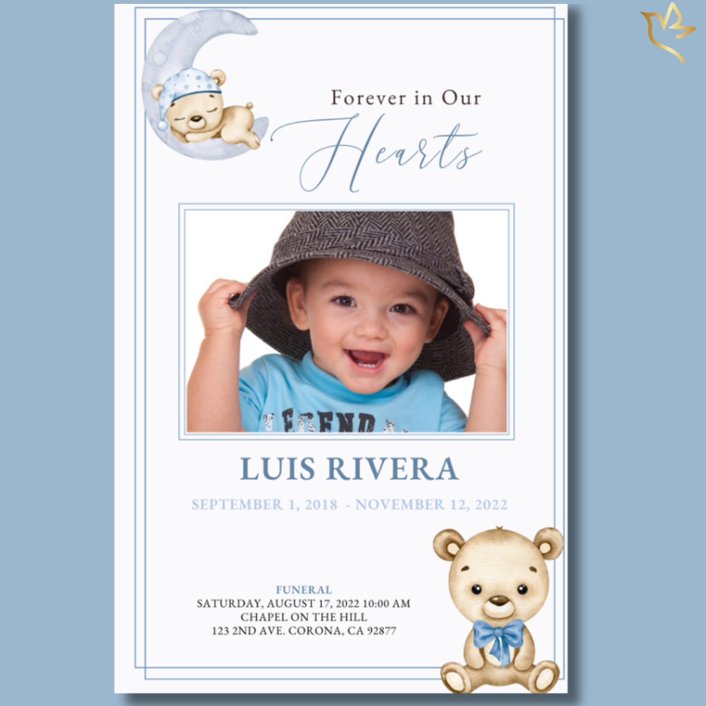 Front cover featuring soft blue tones, teddy bear motif, and smiling baby boy portrait framed with gentle design accents.