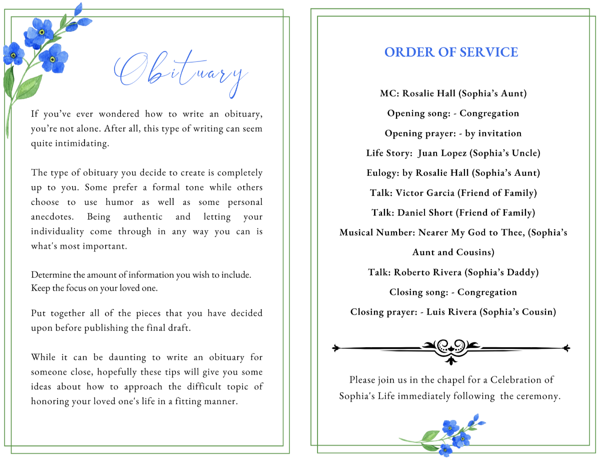 Obituary and Order of Service pages with delicate floral borders and soft blue script headings, Forget Me Nots design for children.