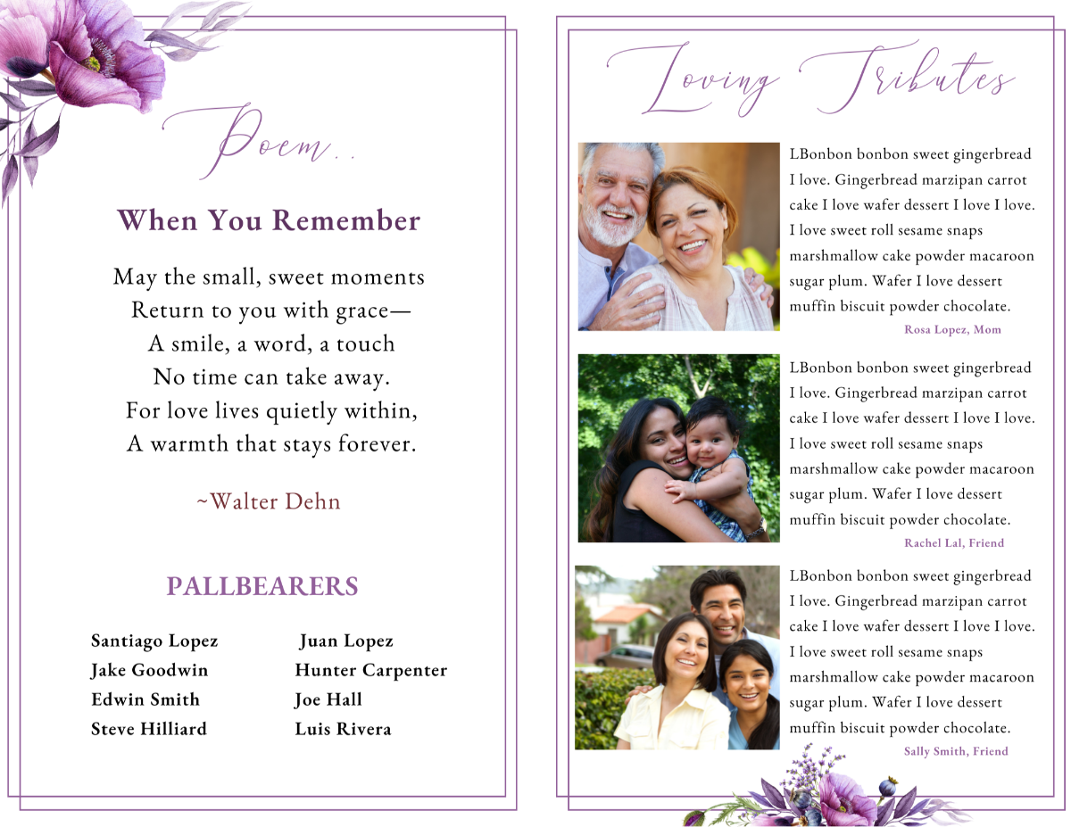 Poem and tribute pages with heartfelt messages and floral touches from the Vibrant Violets funeral program.