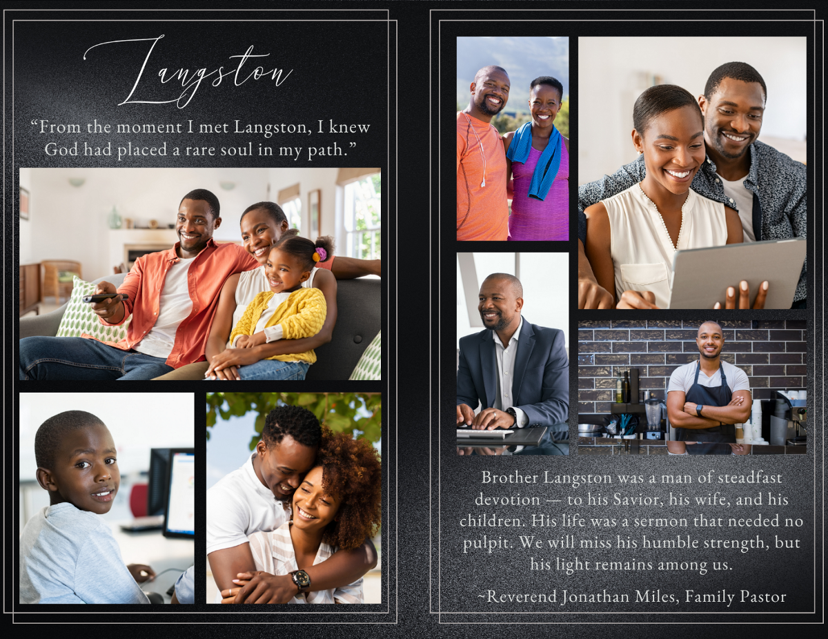 Two-page interior layout with photo collage of family moments on a black textured background and a heartfelt tribute paragraph.