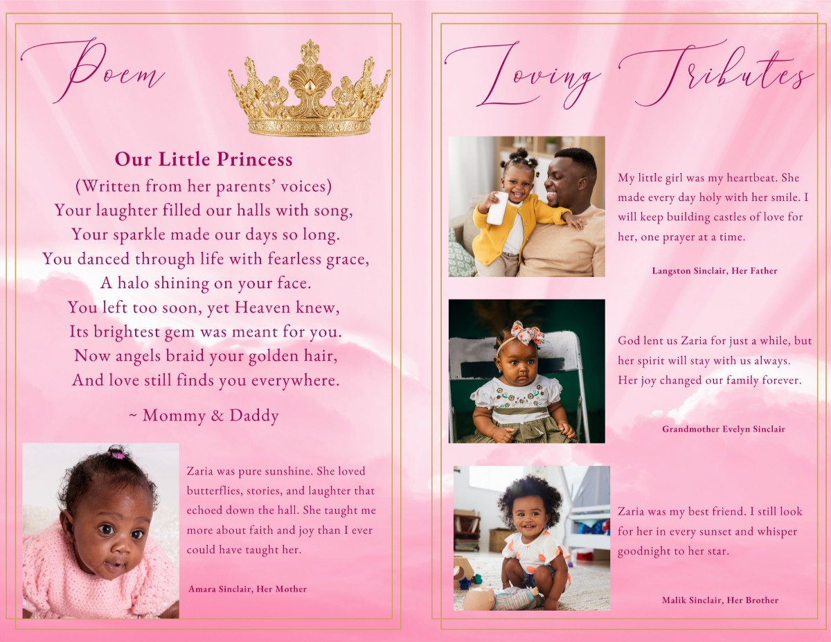 Heaven’s Angel Princess — Poem and tributes spread with pink cloud background, gold crown artwork, children and family photos, and loving messages from parents and grandparents.