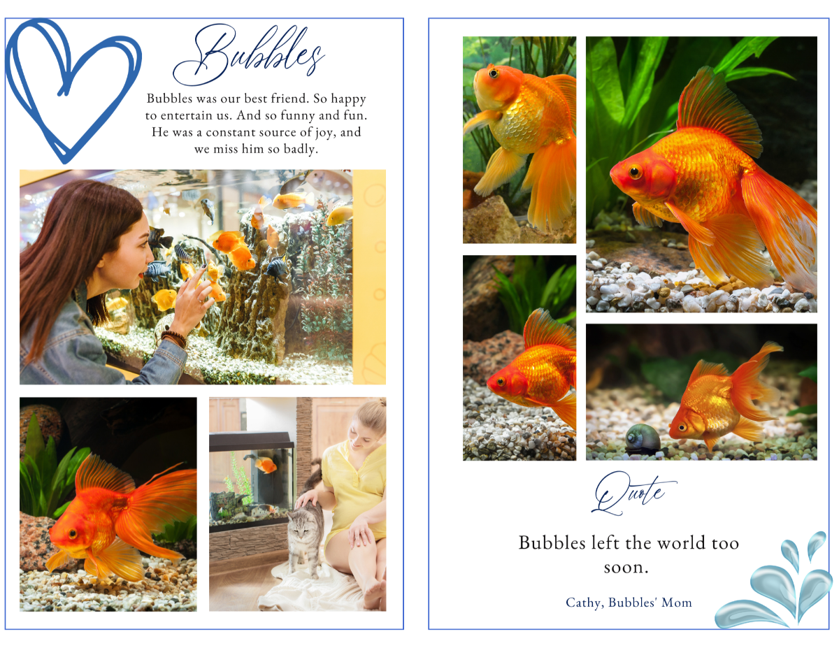 Photo collage page for aquatic pets such as fish, turtles, or dolphins, designed in a soft blue memorial style.