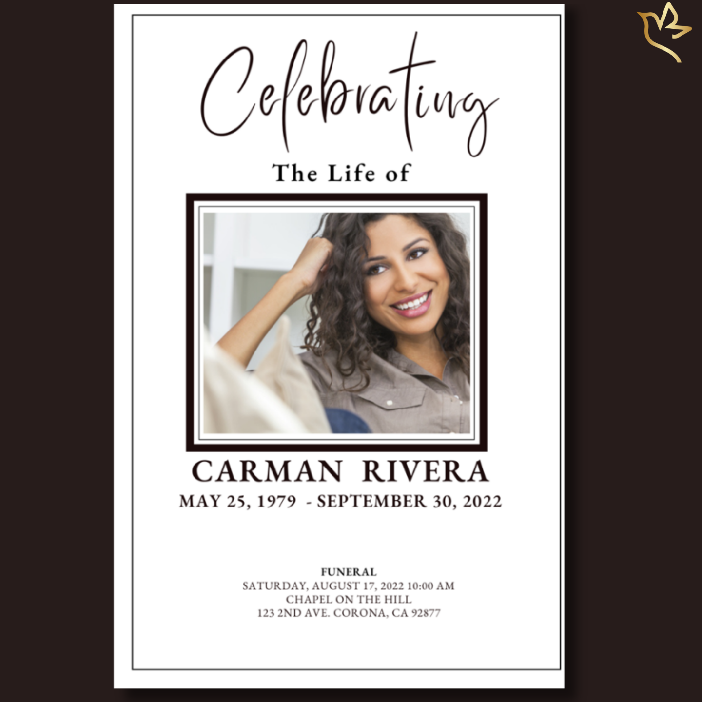Modern funeral program front cover featuring soft neutral tones, framed photo of the loved one, and elegant typography for a timeless tribute.