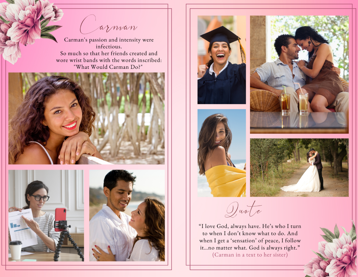 Celebration-of-life photo collage with multiple images of the loved one, arranged in a warm pink layout with floral accents and a centered faith-based quote.