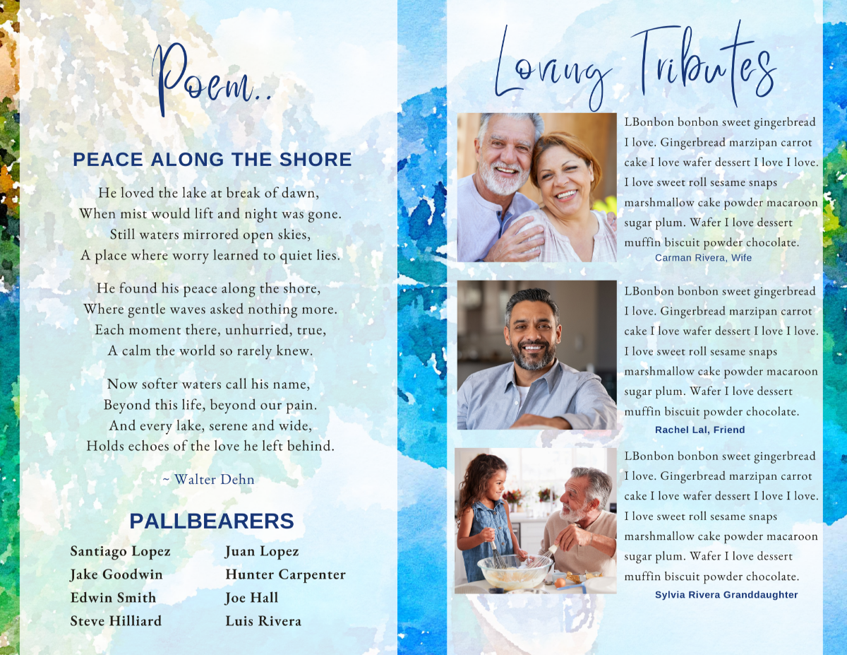 Poem and tribute layout with outdoor-inspired imagery and family photos.