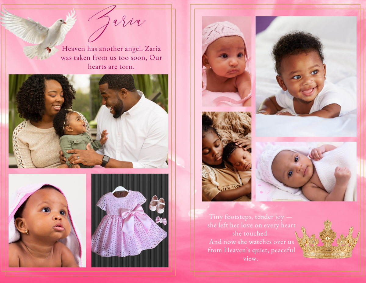 Heaven’s Angel Princess — Photo collage page featuring multiple baby portraits, family photos, pink dress keepsake, gold crown, and a tender remembrance paragraph.