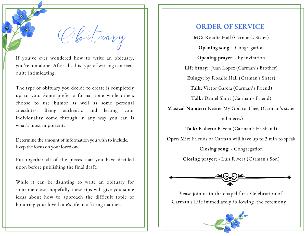 Obituary and order of service layout with blue floral details and clean green borders.