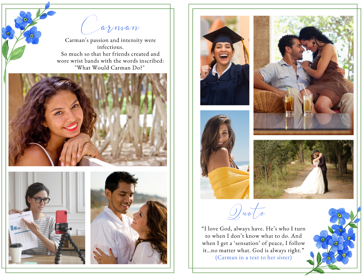 Photo collage pages from the Forget Me Nots memorial program showing family memories and quote section.