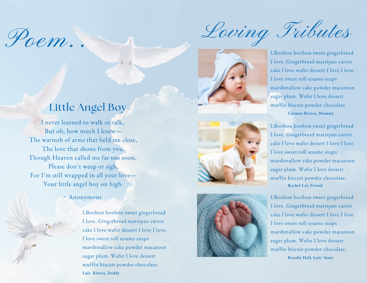 Poem and tribute layout featuring baby photos and comforting blue sky background.