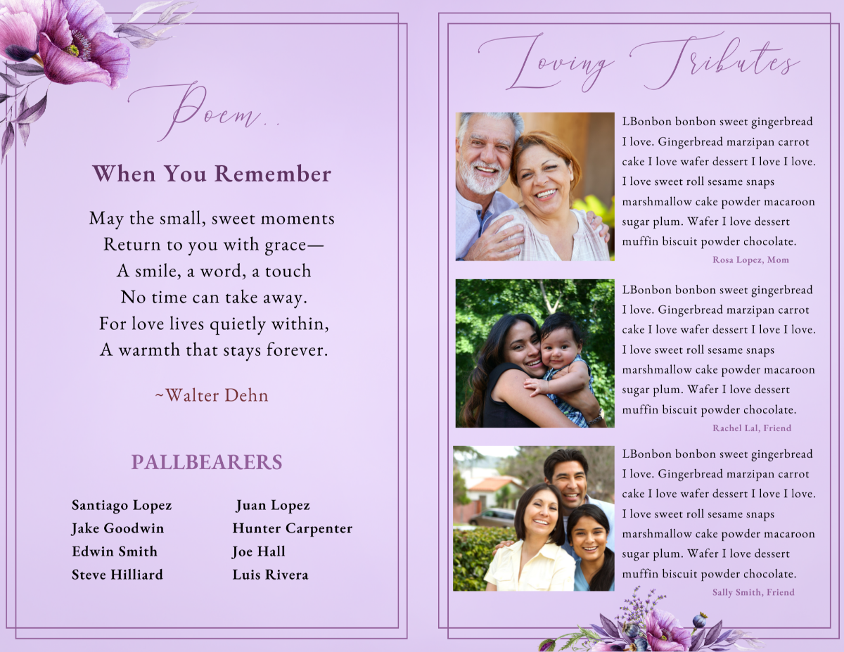 Poem and loving-tributes layout featuring a memorial poem on the left and three family photos with written tributes on the right, all set in lavender tones with violet floral clusters.