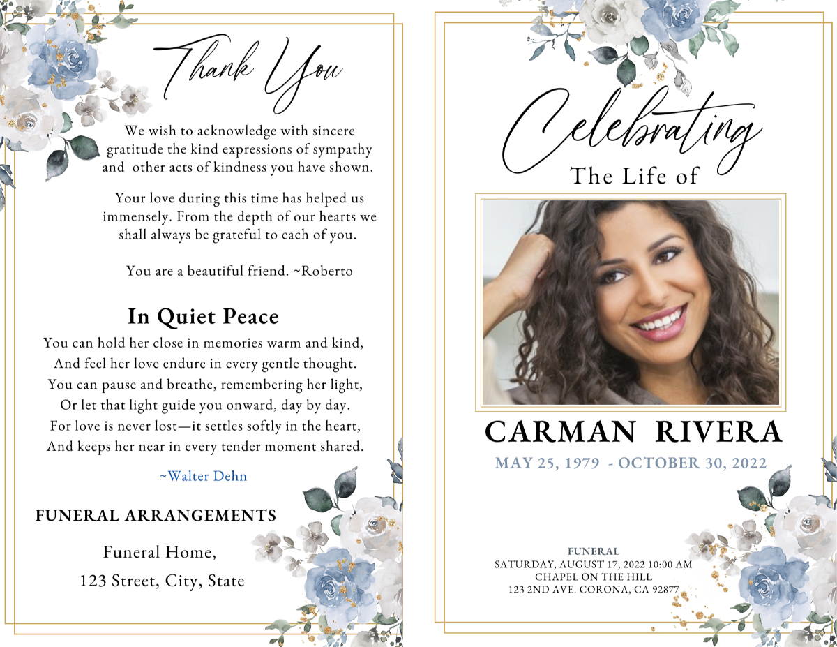 Program spread showing front cover and thank-you page with blue floral accents.