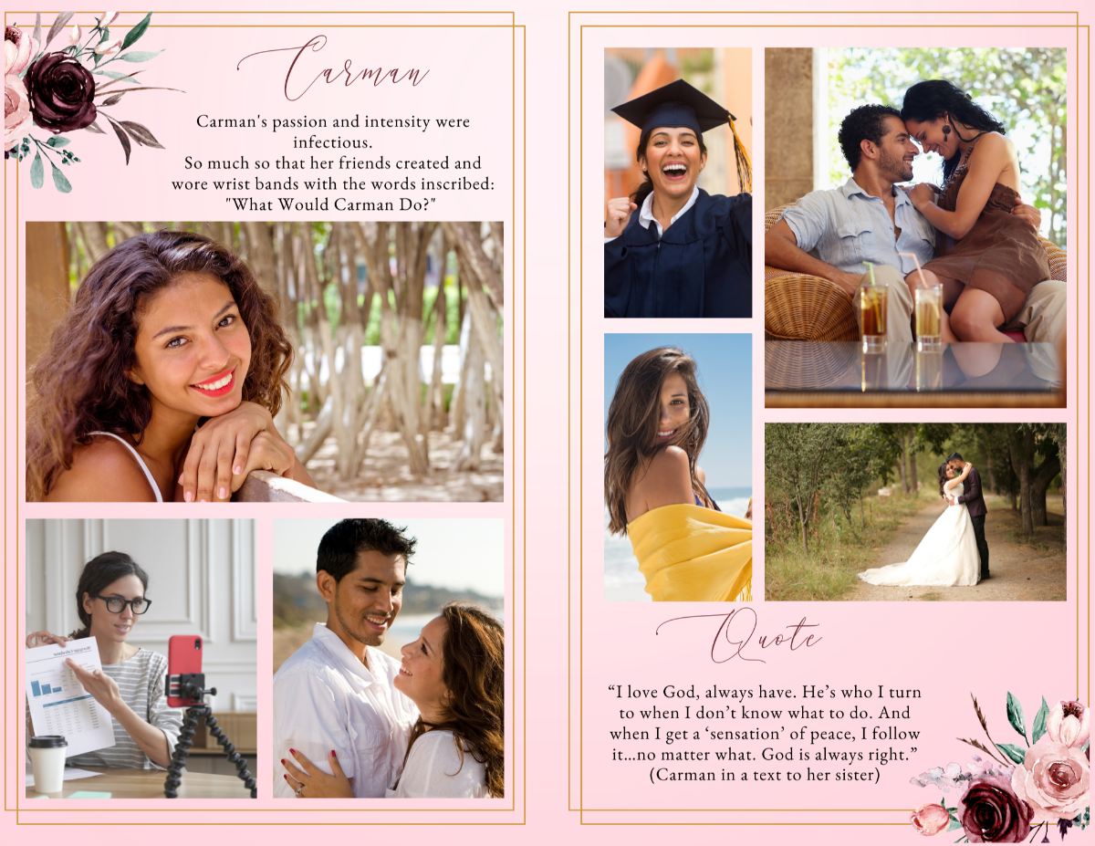 Inner photo-collage spread with multiple lifestyle images of the loved one, blush floral accents, gold frames, and a heartfelt personal quote centered below the photos.