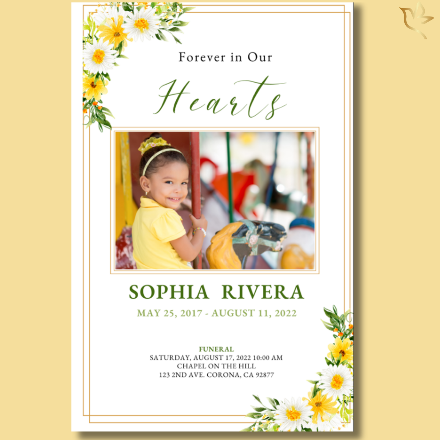 Front cover featuring yellow and white daisy floral border with smiling woman portrait and elegant green script title.