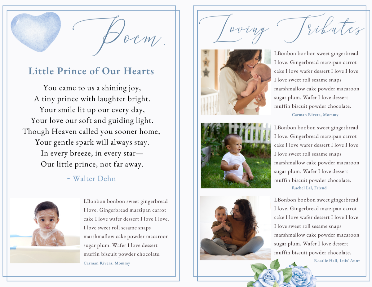 Tribute and poem pages with delicate typography and heartfelt quotes framed by floral and teddy bear artwork.