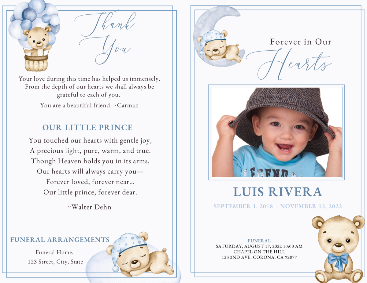 Front and back cover view showing the thank-you message page beside the main memorial cover with teddy bear and blue balloon details.