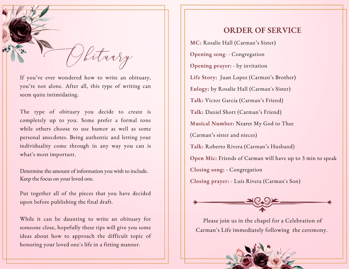 Obituary and order-of-service spread with blush background, floral corners, structured service listing, and gentle serif text for easy reading.