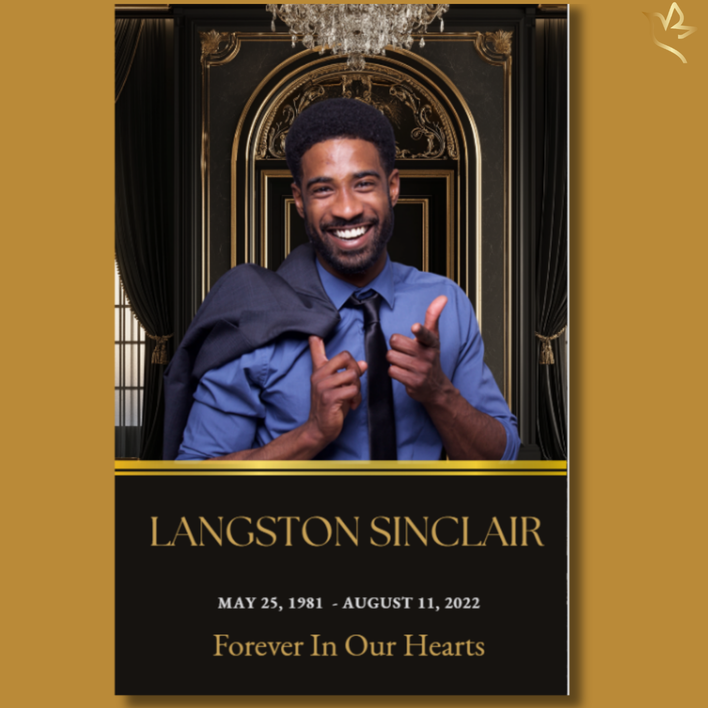 Elegant black and gold funeral program cover featuring a smiling man in a blue shirt and suit jacket, ornate gold archway, chandelier, and refined memorial layout.