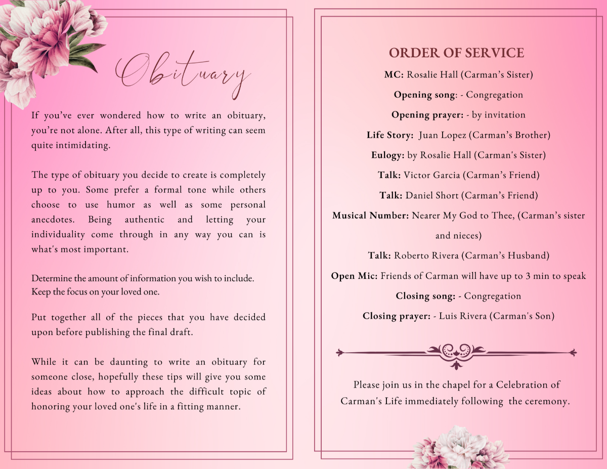 Obituary and order-of-service spread with pink gradient background, delicate floral embellishments, and a clearly formatted ceremony listing.