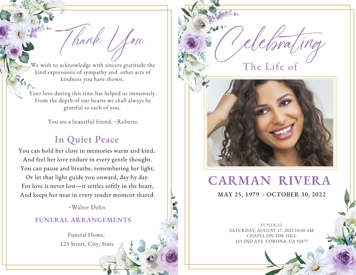 Two-page spread showing cover and thank-you page with lavender floral details.