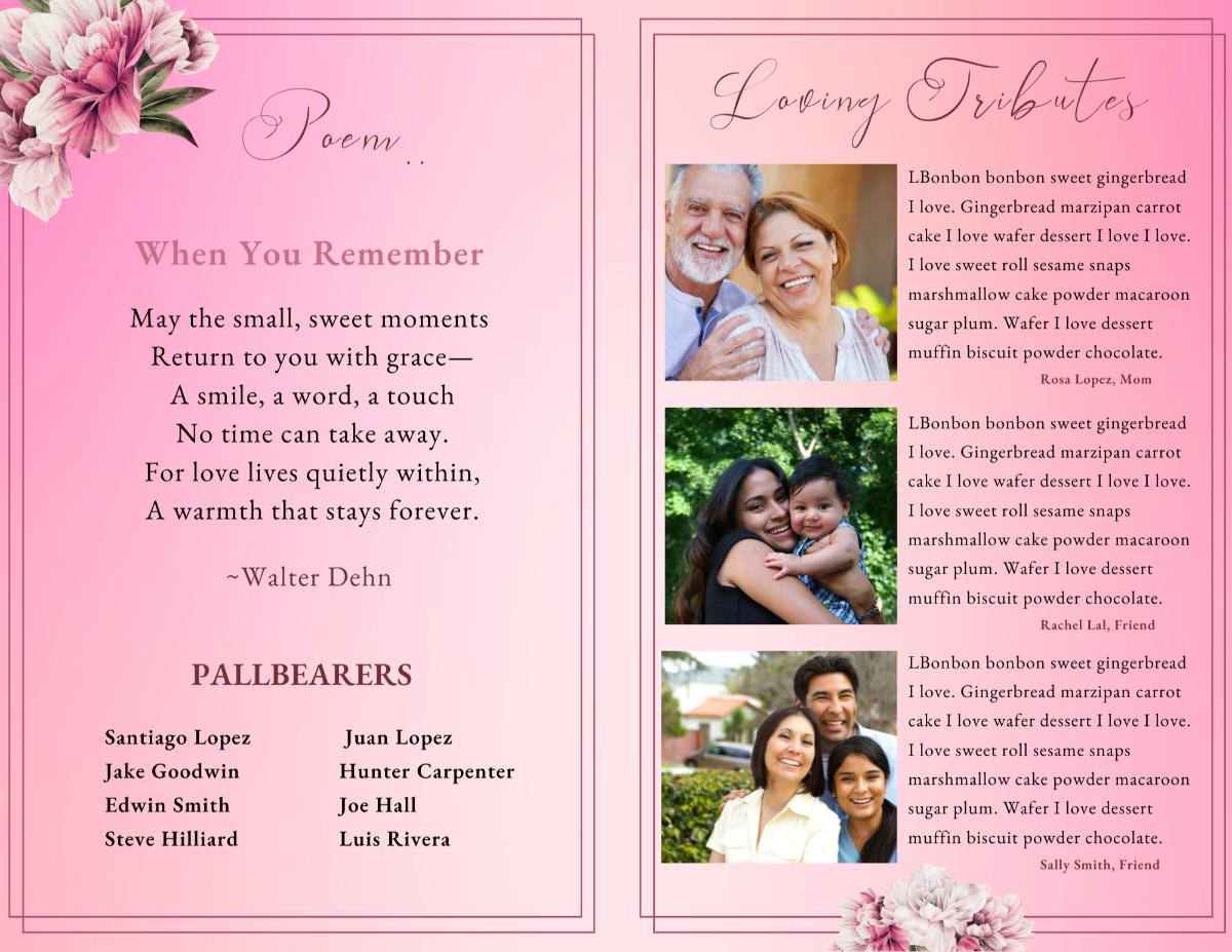 Poem and loving-tributes layout showing a memorial poem on the left and three tribute sections with family photos on the right, all accented with blush peonies.