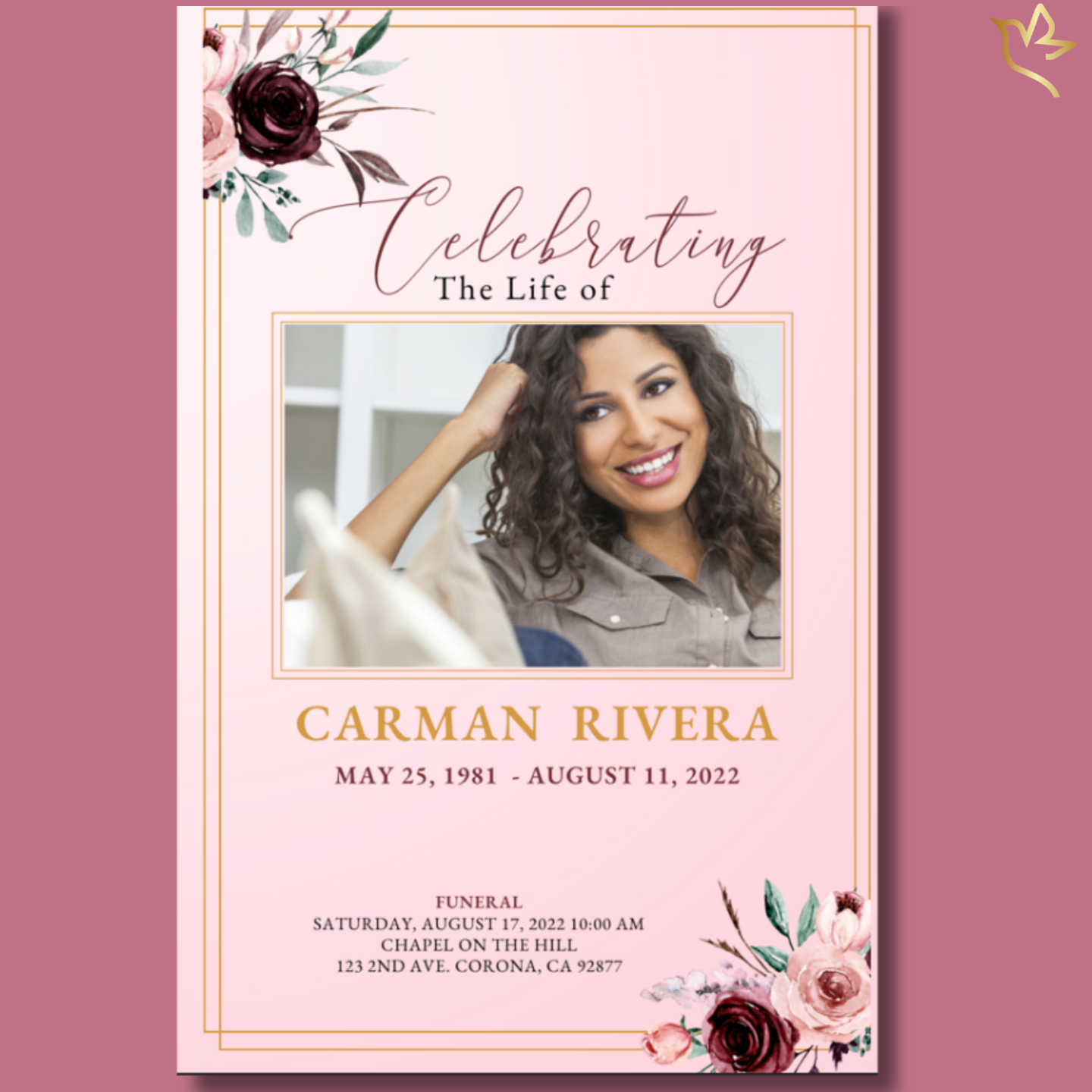 Soft pink memorial cover with elegant floral accents, framed portrait, gold-line borders, and a warm, dignified layout honoring a beloved woman’s life.