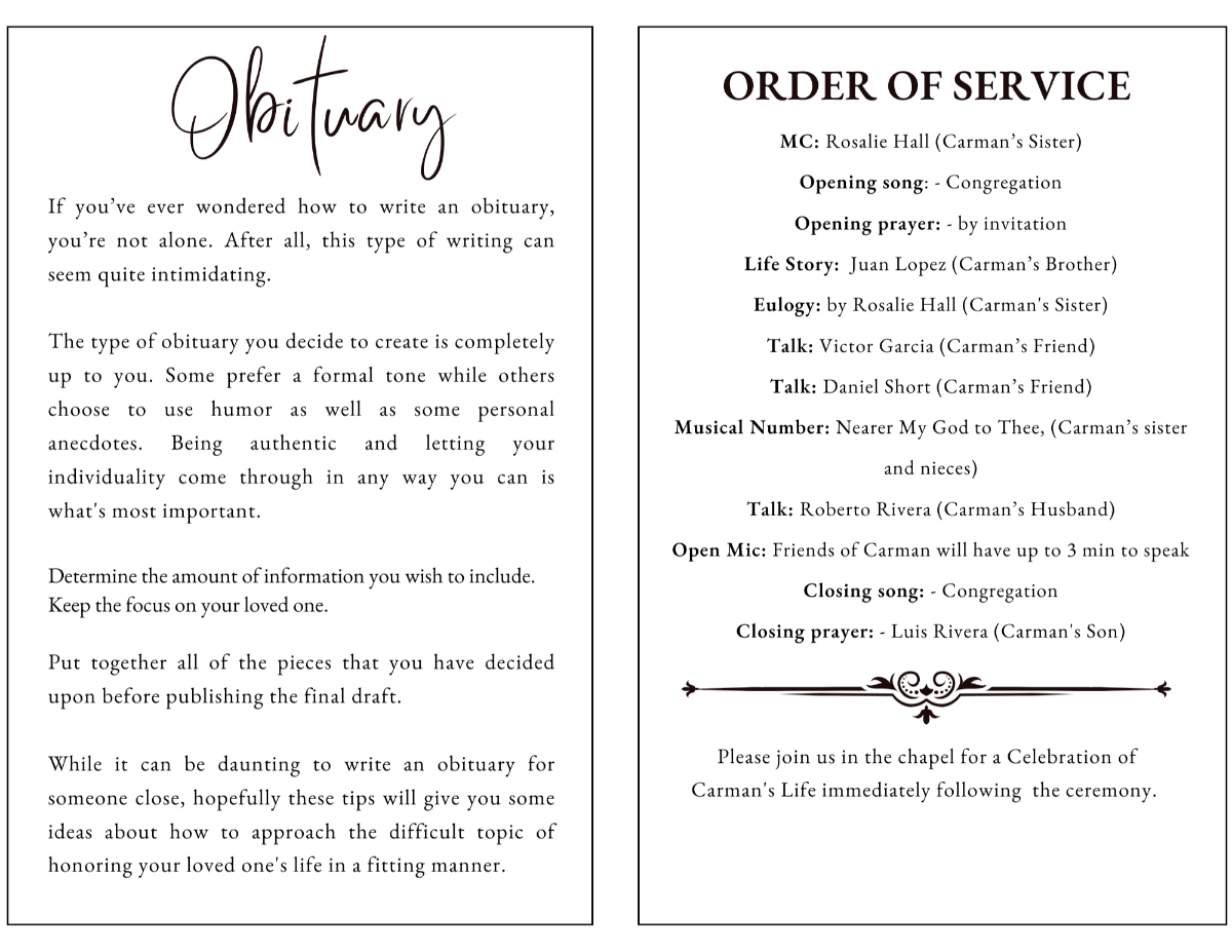 Interior obituary and order of service pages in a modern black-and-white layout with refined type and structured spacing.
