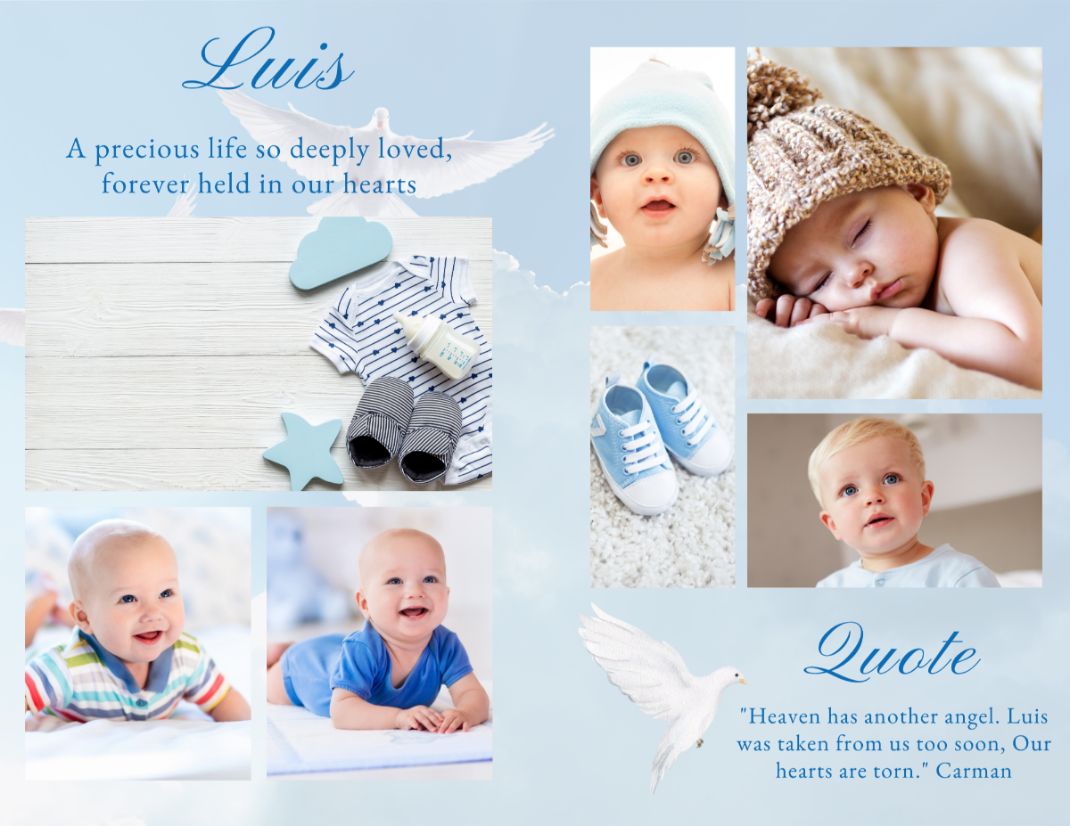 Photo collage page with clouds, doves, and serene baby imagery — suitable for infant or child memorials.